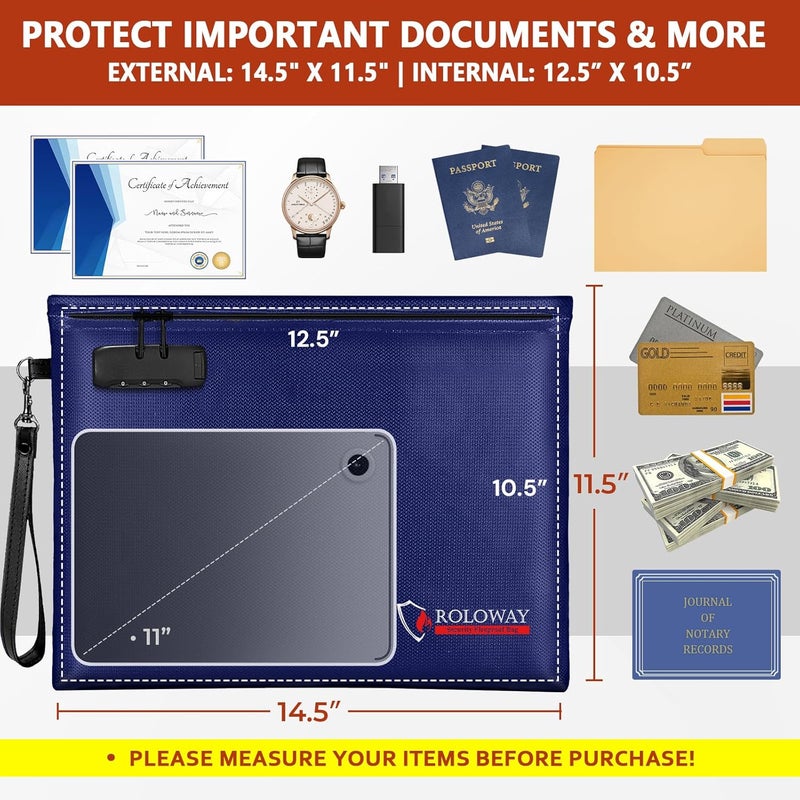 ROLOWAY Fireproof Document Bag (14.5 x 11.5 inch), 6400℉ Fireproof Money Bag with Zipper for Cash, Fire Safe Money Pouch with Lock (Blue) - Image 2
